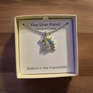 Unicorn Necklace Fine Silver plated w/ multli-color genuine crystal 9” Gift Box